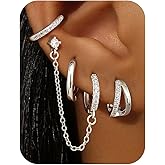 Florideco 4 Pairs Small Hoop Earrings for Women Trendy 14K Gold Plated Chain Drop Earrings Set Hypoallergenic CZ Huggie Hoops Lightweight Cartilage Earring Stacks Women's Jewelry Gifts