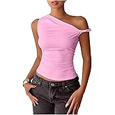 GORGLITTER Women's One Off The Shoulder Ruched Crop Tank Tops Dressy Casual Twist Strap Asymmetrical Summer Outfits