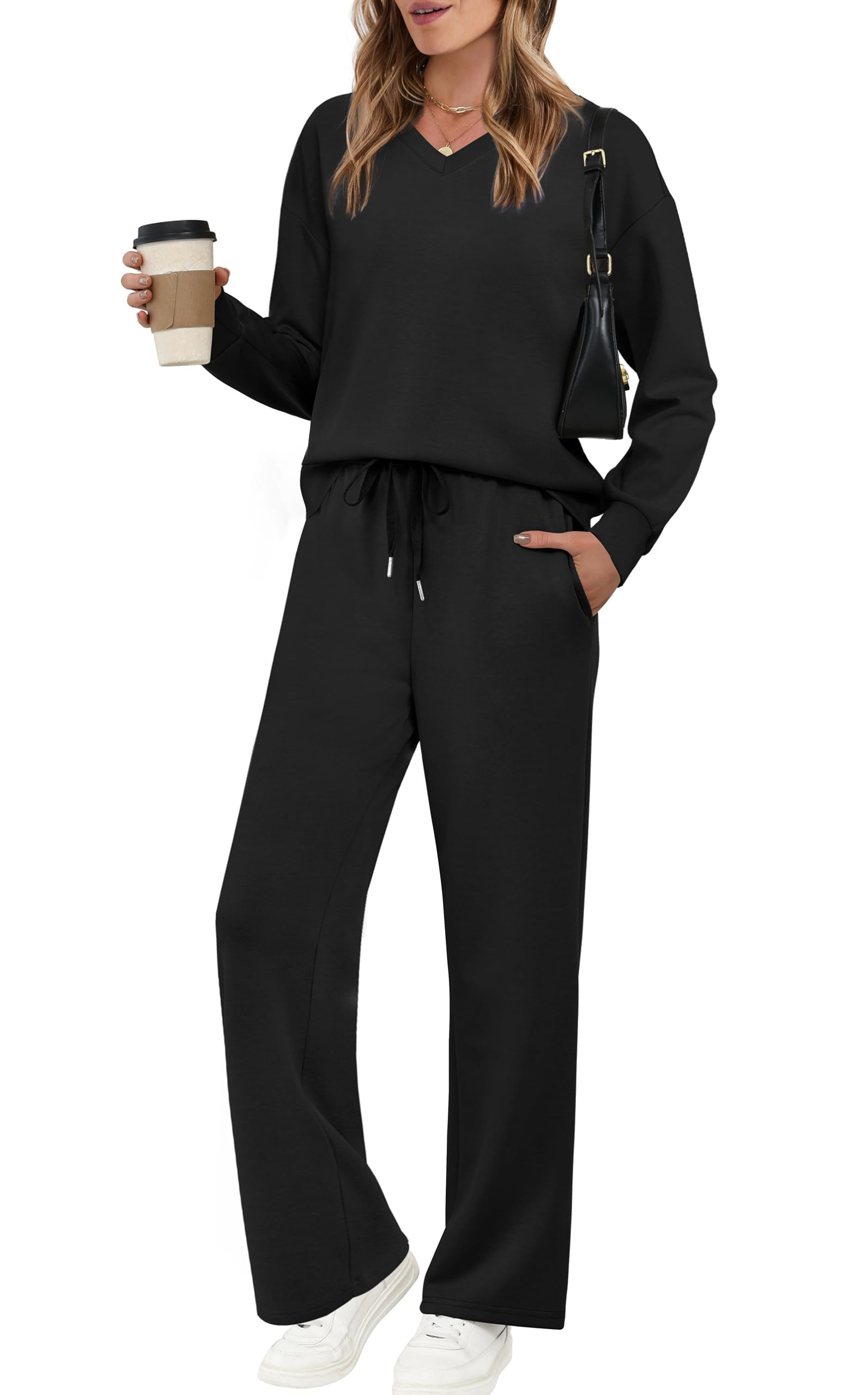Photo 1 of 2 Piece Sets for Women Travel Airport Outfits for Women 2025 Womens Early Fall Fashion 2025 Outfits Lounge Sets Two Piece Clothes Wide Leg Pants Sweatsuits Comfy Matching Set Clothing Black XS