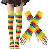 Liiusgelad Over Knee Thigh High Socks with Gloves Set, Rainbow Striped Arm Leg Warmers for Women Cosplay Costume Accessories