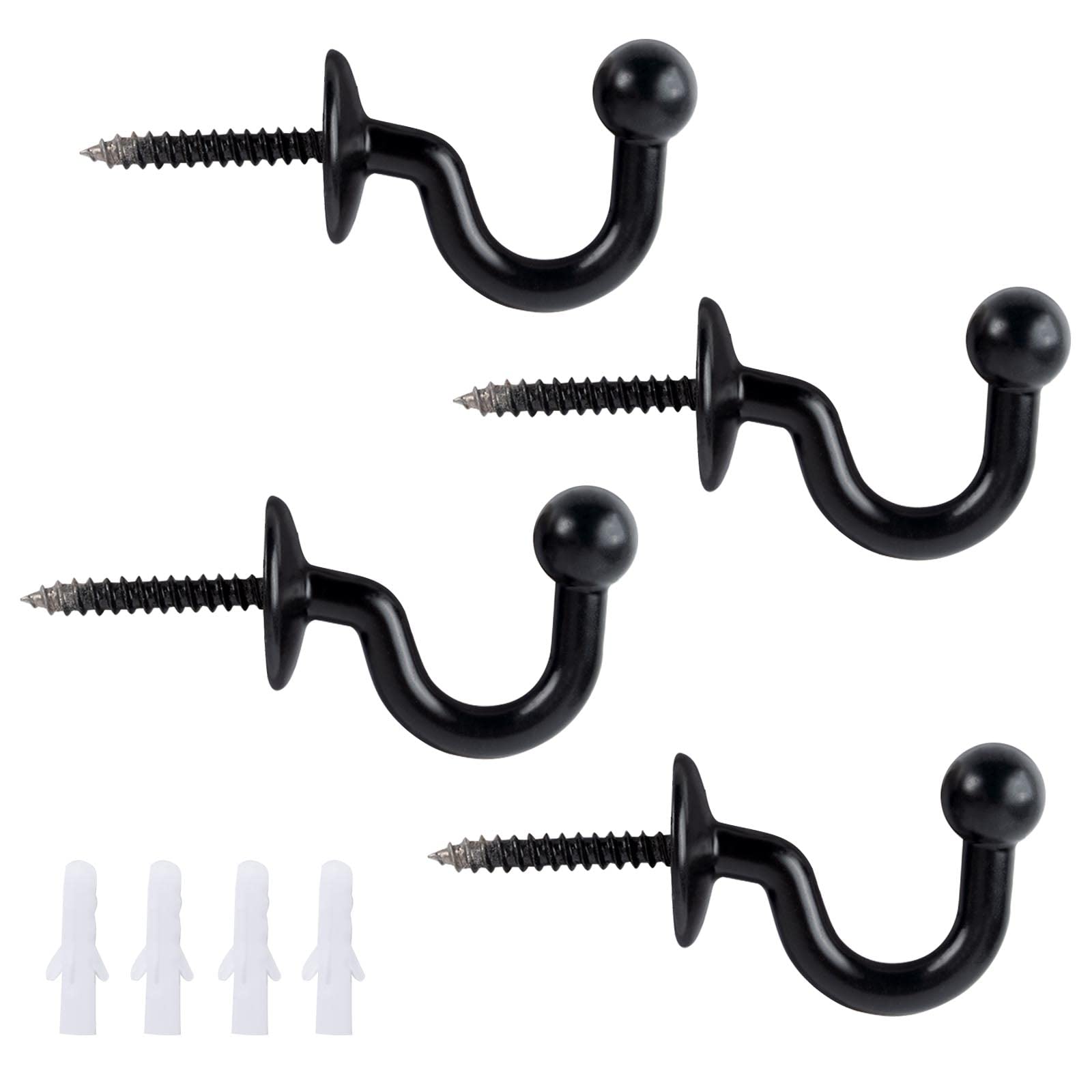 GWAWG 4 PCS Curtain Tie Backs Hooks, Elegant Black Polished Ball End Hanger Hook Securely Hold Your Curtains Clothes Coat
