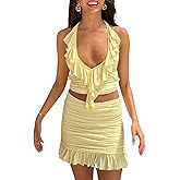 ROAONOCOMO Women Y2K Ruffle 2 Piece Skirt Set Sheer Mesh Tank Top Low Rise Tiered Mini Skirts Outfit Coquette Going Out Set