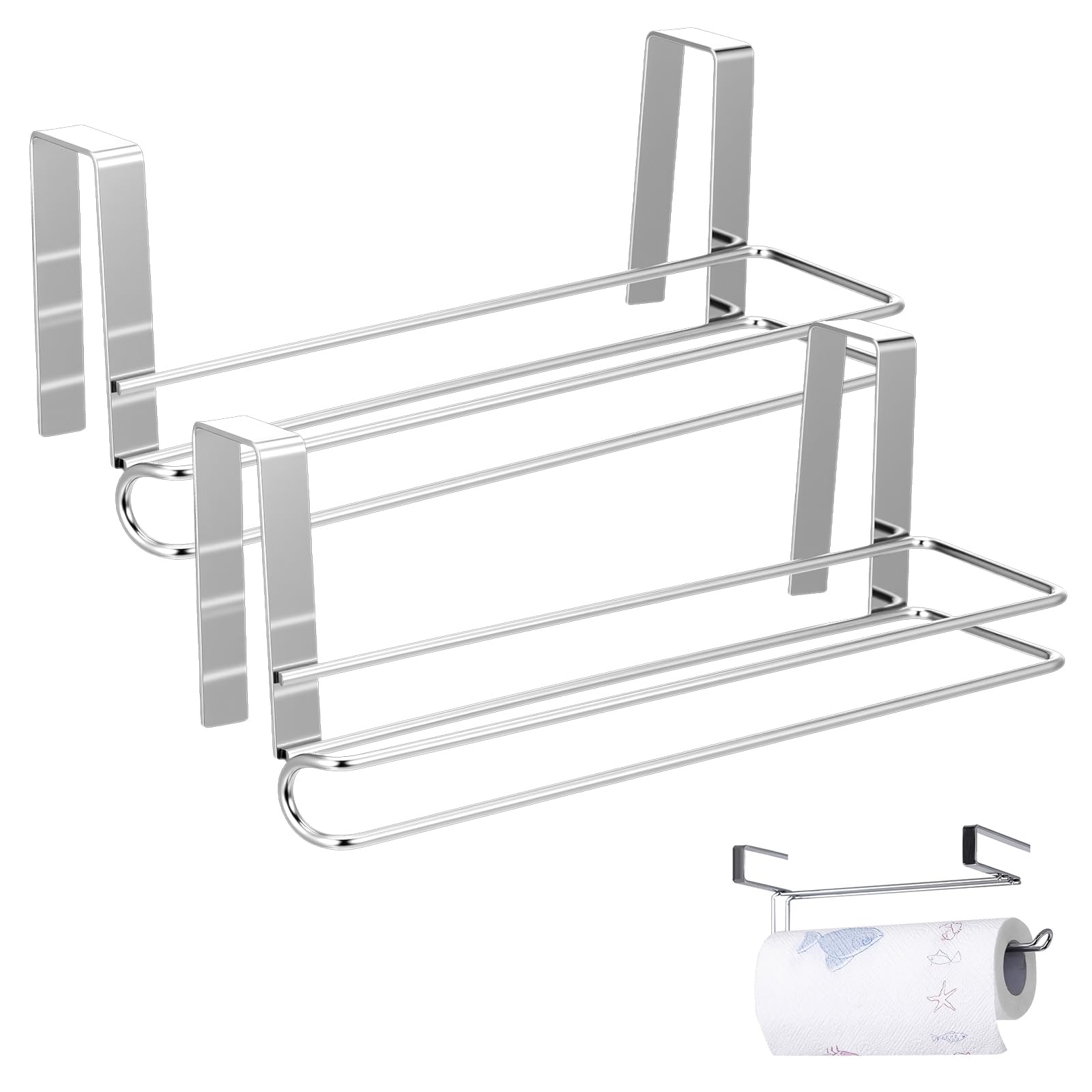Photo 1 of 2 Pcs Stainless Steel Paper Towel Holders, Kitchen Roll Paper Holder with Double Hook Single Bar Under Cabinet for Bathroom Kitchen Under Cabinet Over Door