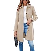 Fisoew Womens Elegant Single Breasted Coat Long Sleeve Mid Winter Overcoat Work Office Pea Coats