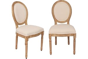 LZMS Vintage Dining Chairs Set of 2, Vintage Farmhouse Style Rubber Wood Room Chairs, Round Back, Solid Wood Frame, Beige Fabric Upholstery French Country Chairs for Kitchen, Bedroom, Dining Room