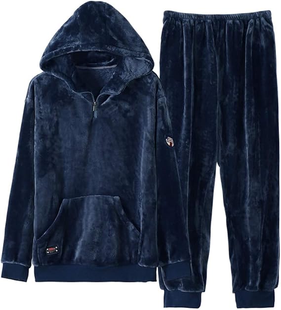 Amazon ルームウェア メンズ 冬 長袖 上下セット パジャマ 暖かい 防寒 部屋着 無地 ネイビー もこもこ 冬用 ナイトガウン フード付き 裏起毛 大きいサイズ 男性 父 プレゼント ギフト パジャマ 通販