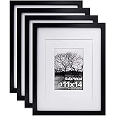 Egofine 11x14 Picture Frames Set of 4, Made of Solid Wood Covered by Plexiglass 5x7 and 8x10 with Mat or 11x14 without Mat, for Table Top Display and Wall Mounting Photo Frame Black