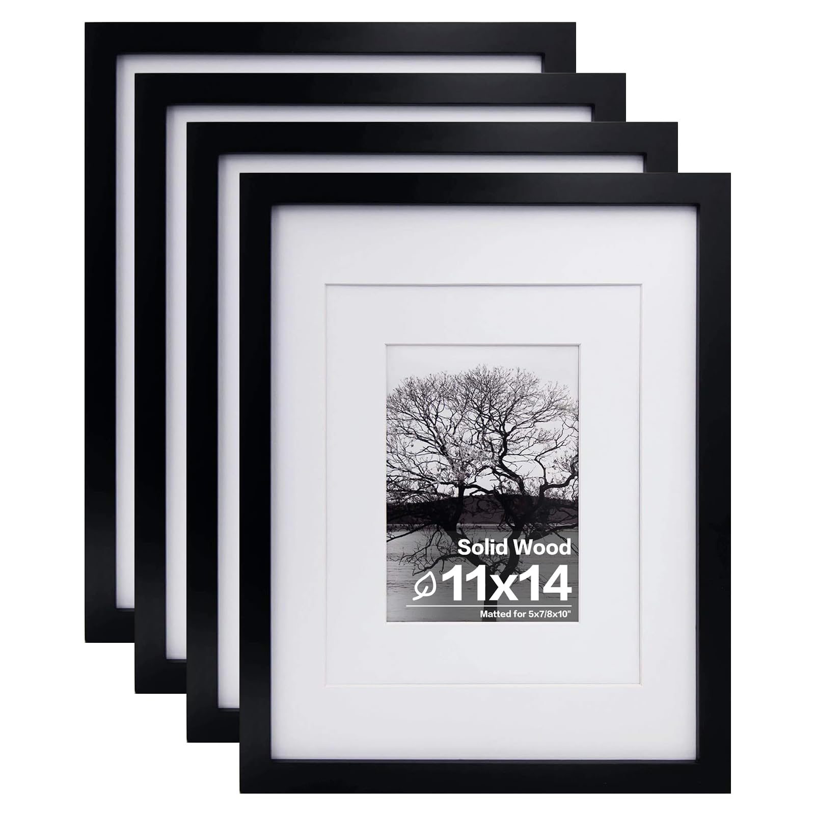 Photo 1 of Egofine 11x14 Picture Frames Set of 4, Made of Solid Wood Covered by Plexiglass 5x7 and 8x10 with Mat or 11x14 without Mat, for Table Top Display and Wall Mounting Photo Frame Black