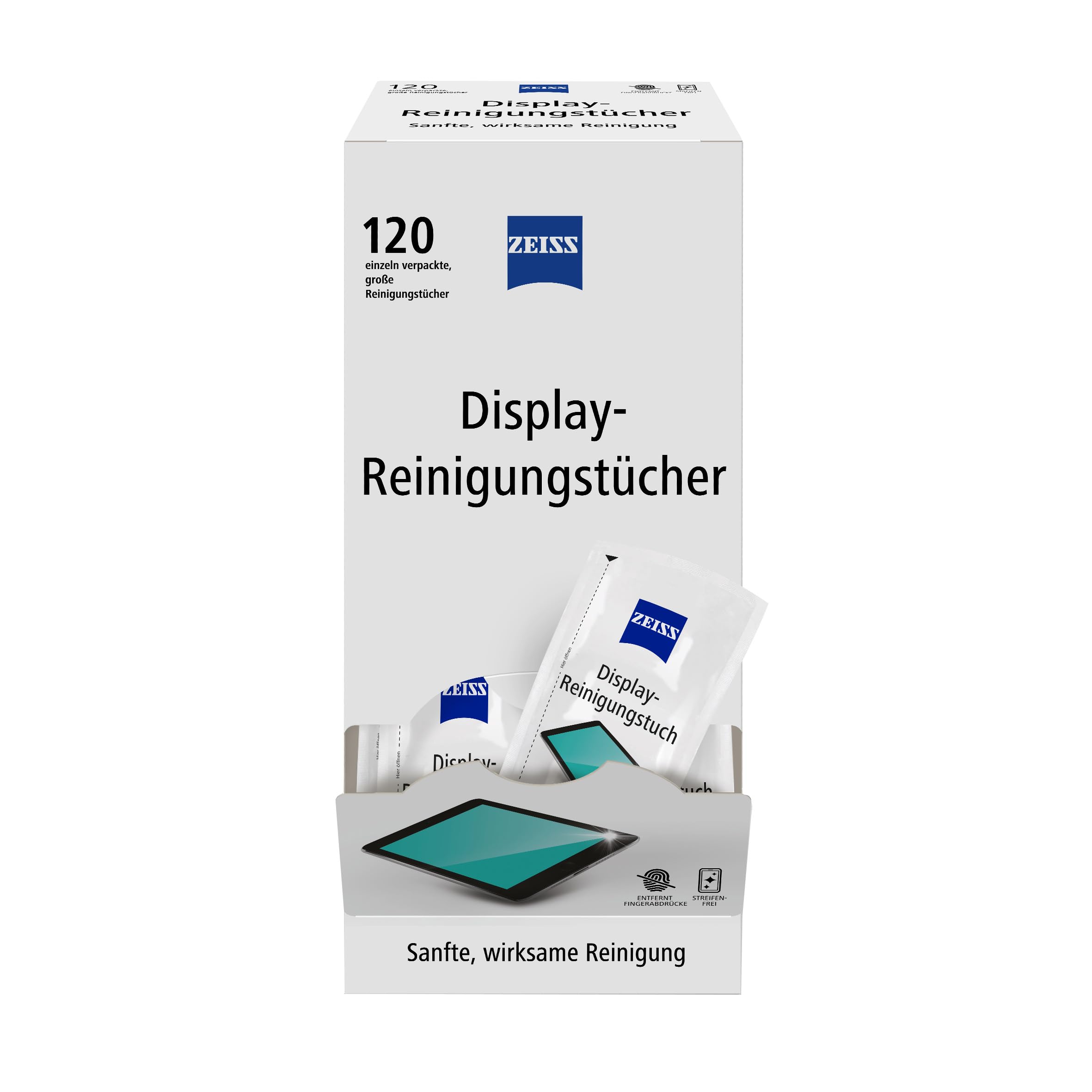 ZEISS Display Cleaning Wipes Alcohol-Free Pack of 120 for Safe & Effective Cleaning of Optical Surfaces - Each Cloth Individually Packed - Ideal for Travelling or Travelling