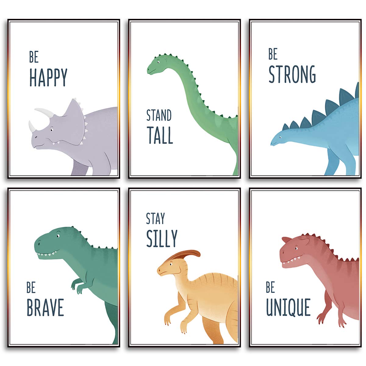 Jungle Nursery Wall Decor Art Pictures, 6 Pack Safari Dinosaur Wall Prints Cartoon Animal Wall Murals Poster with Inspirational Quotes for Baby Kids Bedroom Living Room Bathroom