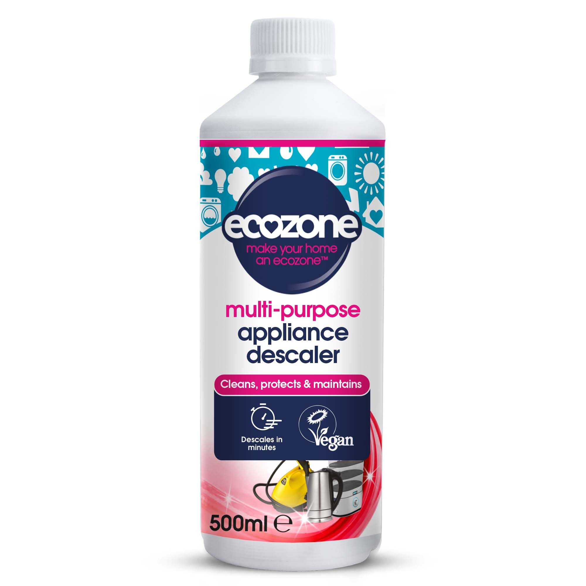 EcoZone Multi-Purpose Appliance Descaler, Internal Cleaner for Kettles, Irons, Washing Machines, Coffee Makers, Dishwashers, Fixtures & Surfaces, Natural Vegan & Non Toxic Eco-Friendly Liquid (500ml)