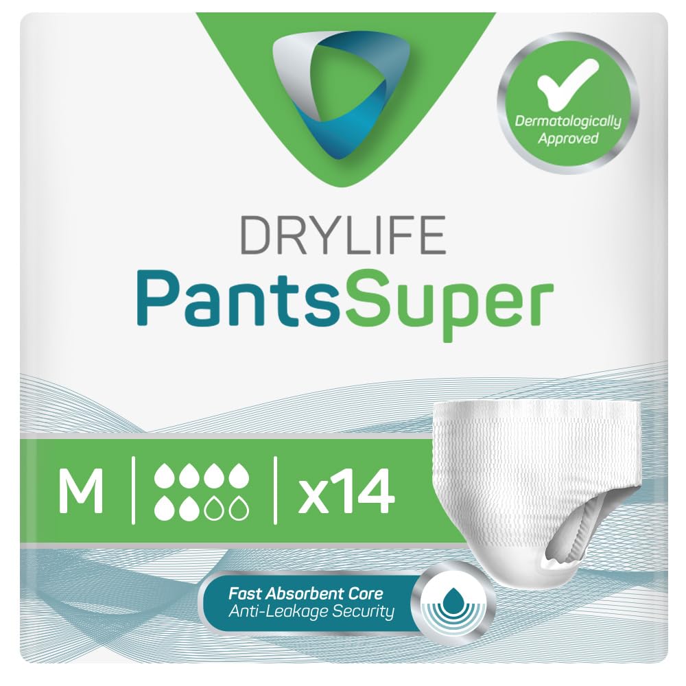 Drylife Pants Super Disposable Pull-Up Unisex Incontinence Pants - Dry Feel Technology, Anti-Leak Security, Kind to Skin Soft Breathable Material - Medium (1 Pack of 14)