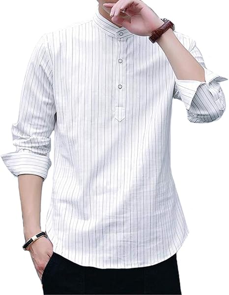 Amazon Piite シャツ ストライプ メンズファッション 春秋服 カジュアル ワイシャツ 立ち襟 ゆったり 長袖 トップス ｔシャツ シルエット 柔らかい オシャレシャツ 韓国風 かっこいい Tシャツ カットソー 通販