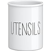 Barnyard Designs Ceramic Farmhouse Kitchen Utensil Holder 7" (White) | Decorative Rustic Counter Crock for Cooking Tools, Spa