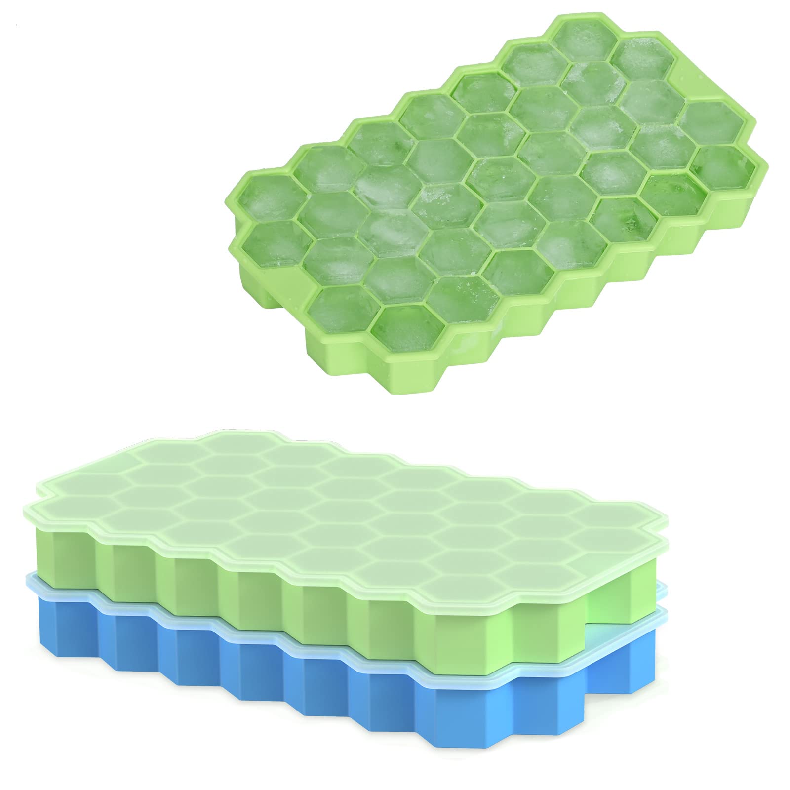 Ice Cube Tray With Lid, 2 Pcs Silicone Ice Cube Tray, Flexible Ice Cube Molds for Freezer, Small Ice Cube Trays, Each Makes 37 Grid Silicone Ice Cube for Chilled Drinks, Whiskey, Cocktail (Blue&Green)