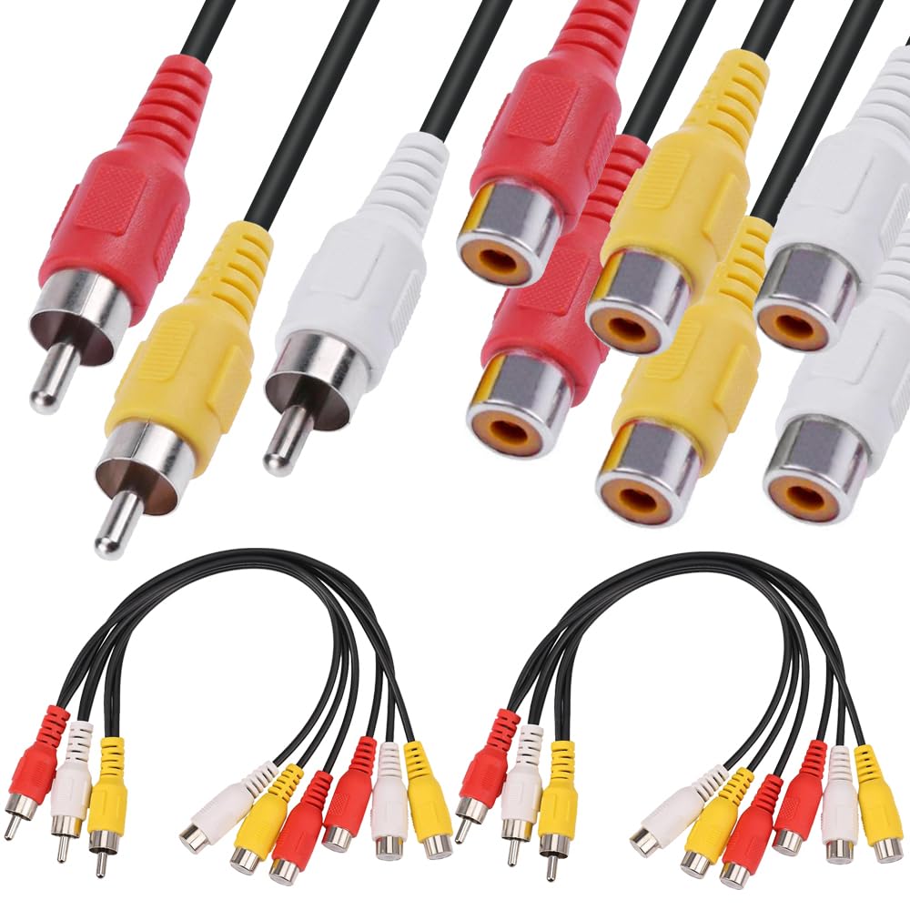 Xiatiaosann RCA Splitter Cable, 3 RCA Male Jack to 6 RCA Female Plug Extension Cord, Audio Video Av Adapter Splitter Cable for Laptop, Computer, Projector (2 Pack, 32cm/12.6in)
