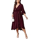 SCOMCHIC Womens Plus Size Wedding Guest Dress Fall 3/4 Sleeve Wrap V Neck High Low Ruffle Hem Maxi Cocktail Formal Dresses
