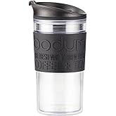 Bodum 12oz Double Wall Insulated Travel Mug with Lid, Clear Plastic w/Black Silicone Sleeve