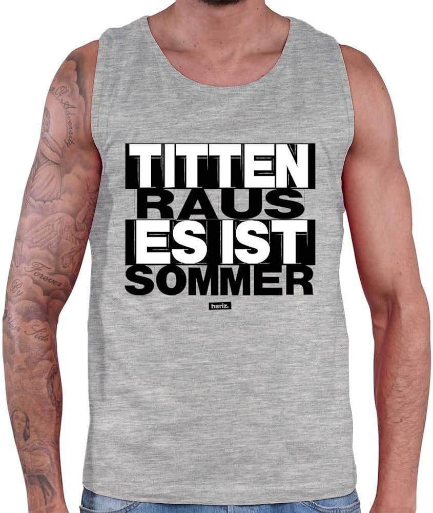 HARIZ Herren Tank Top Titten Raus Es Ist Sommer Sprüche Schwarz Weiß