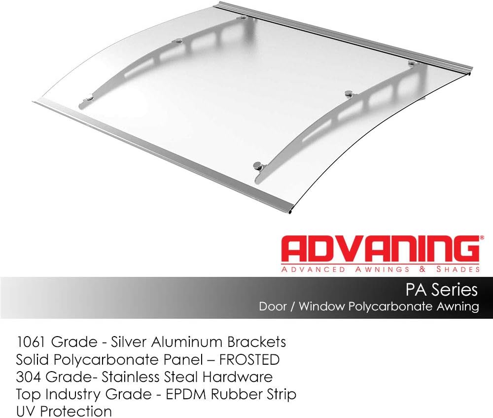 ADVANING 47"x35" Polycarbonate Awning, PA Series, Premium Quality UV Protection Frosted Polycarb with Aluminum Brackets - DA4735-PSS3A