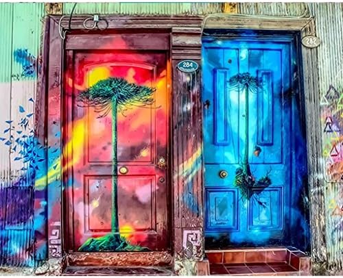 Yeefant DIY Digital Oil Painting Graffiti Reflection Tree Colorful Door Paint By Number Kit Home Wall Art Picture For Living Room Bedroom,3 Size Painting Brushes, 16x20 Inch