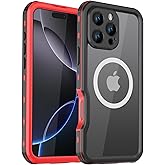 ZWWADR Compatible with iPhone 16 Pro Max Case Waterproof, Built-in Screen Protector[IP68 Underwater][12FT Military Dropproof] Full Body Shockproof Phone Case for iPhone 16 Pro Max 6.9"(Red)