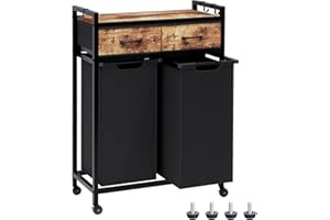 Timberer Laundry Hamper, Laundry Sorter 2 Section, Rolling Laundry Basket with Wheels, 2 Drawers, 2 × 14.5 Gal (55 L), Pull-Out and Removable Oxford Fabric Bags, Black and Rustic Brown