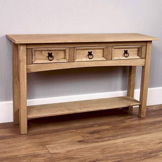 Home Discount Corona Console Table 3 Drawer With 1 Shelf, Solid Pine