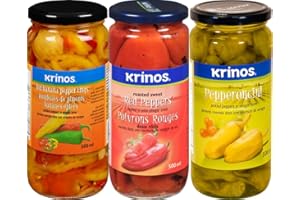 VALUBNDL: Krinos Pepper Variety Pack (3 Pack) – 500ml Jars – Hot Banana, Roasted Red, & Pepperoncini – Mediterranean Salad To