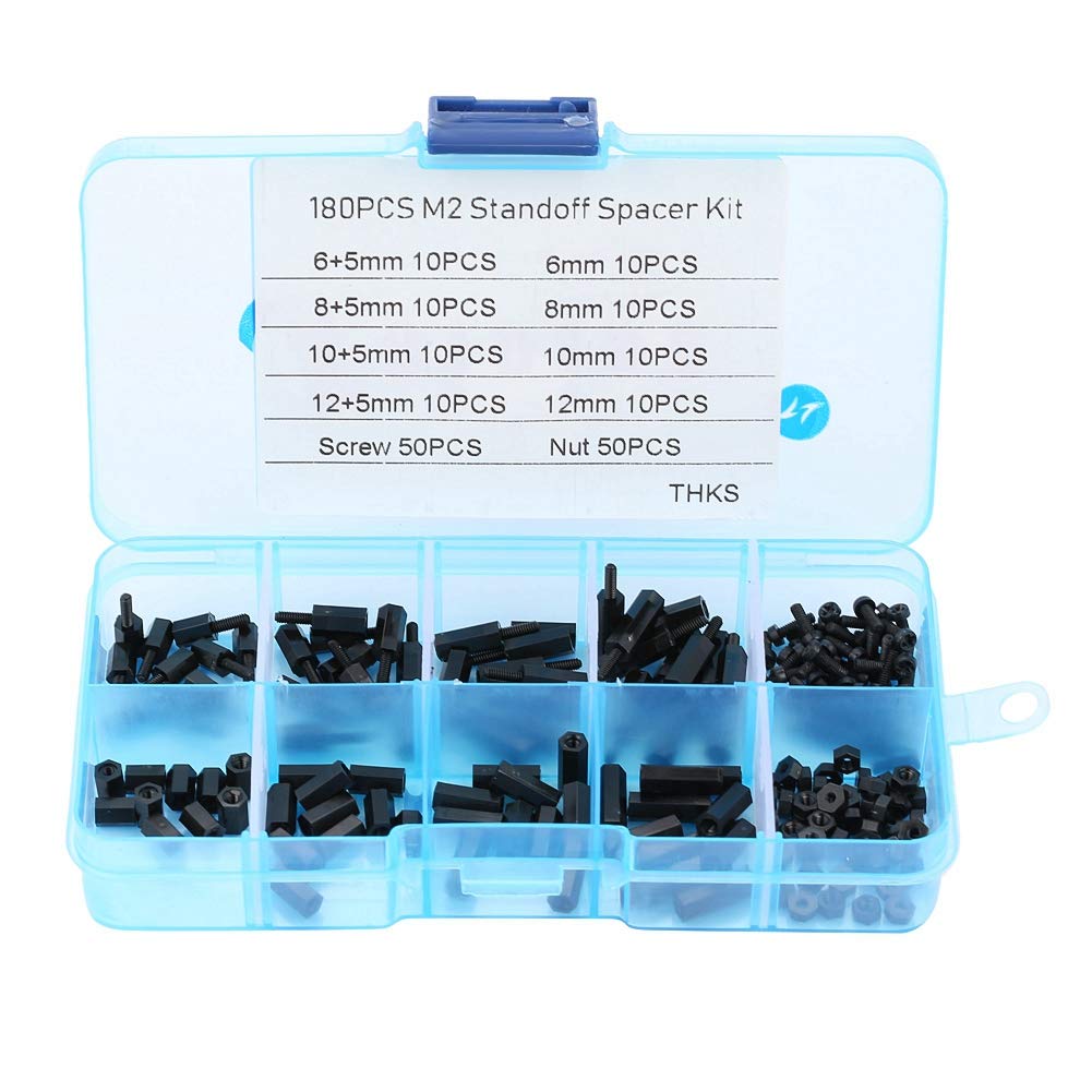 Standoff, 180pcs Black M2 Male Female Nylon Hex Column Standoff Set Black Hex Standoff Screws Nuts Assortment Kit with Storage Case