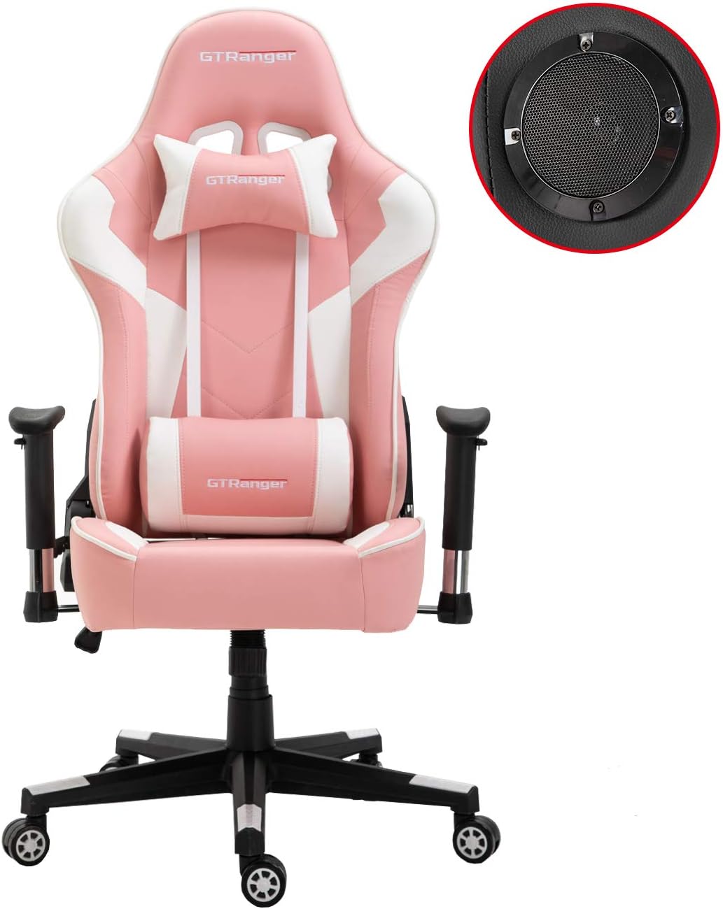 GTRanger Gaming Chair with Speakers Video Game Chair Racing Style Ergonomic Office Chair Adjustable Computer Desk Chair - White & Pink