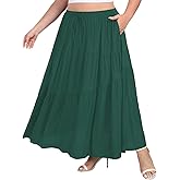 Moon Wood Plus Size Boho Maxi Skirts for Women Long Flowy High Waisted Tiered A-Line Skirt with Pockets Beach Summer Causal
