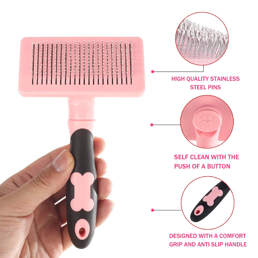 HATELI Self Cleaning Slicker Brush for Cat & Dog - Cat Grooming Brushes for Shedding Removes Mats, Tangles and Loose Hair Suitable Cat Brush for Long & Short Hair (Pink): Beauty