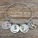 Mom bangle bracelet, Personalized birthstone name charm family tree bracelet, Hand stamped Jewelry, Christmas Gift, Grandma bracelet, Stainless steel bracelet, Mothers day gift