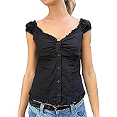 Women Y2K Cap Sleeve Tops Deep V Neck Solid Color Slim Fit Button Ruffle Low Cut Going Out Crop Tops Streetwear