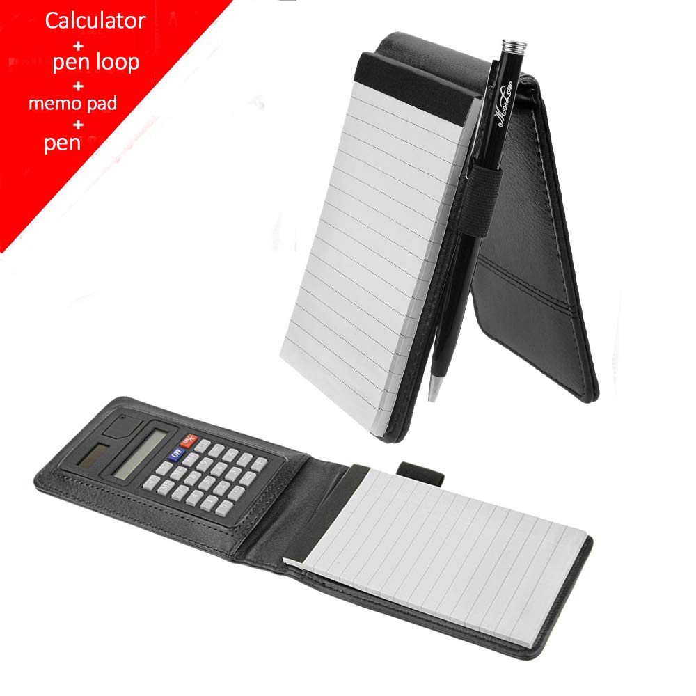 IPENNY Leather Memo Book with Calculator A7 Pocket Notebook Cover Jotter Organizer Lined Memo Pad Holder Business Writing Pad, 3.5-Inch X 5.5-Inch 30 Sheets Ruled Memo Scratch Pads with Pen