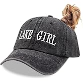 OASCUVER Women Lake Girl Ponytail Hat, Embroidery Adjustable Baseball Cap Washed Distressed Messy High Bun Ponycap …