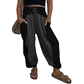 Fisoew Womens Baggy Wide Leg Harem Barrel Pants Casual Elastic Waist Drawstring Color Block Workout Track Pants with Pockets