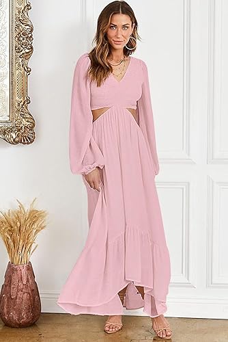 flowy beach dress with sleeves PRETTYGARDEN Women's Maxi Dress Resort Wear Boho Floral V Neck Puff Sh main image 1
