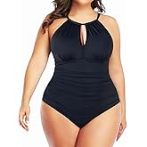 Daci Plus Size One Piece Swimsuit for Women - High Neck Plunge Mesh Cut Out Bathing Suits