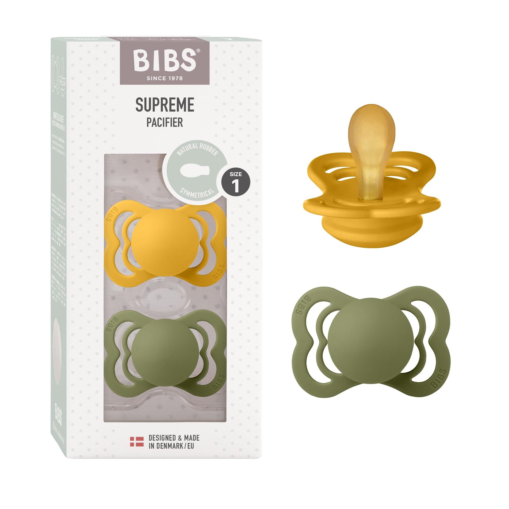 BIBS Supreme Soother 2-Pack, BPA Free Dummy Pacifier, Symmetrical Nipple. Natural Rubber Latex, Size 1 (0-6 Months), Honey Bee/Olive