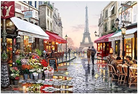 Diy Oil Paint by Number Kit,Painting Paintworks Romantic Eiffel Tower Paris Street View Drawing with Brushes 16x20 inch Christmas Decor Decorations Gifts(with Frame)