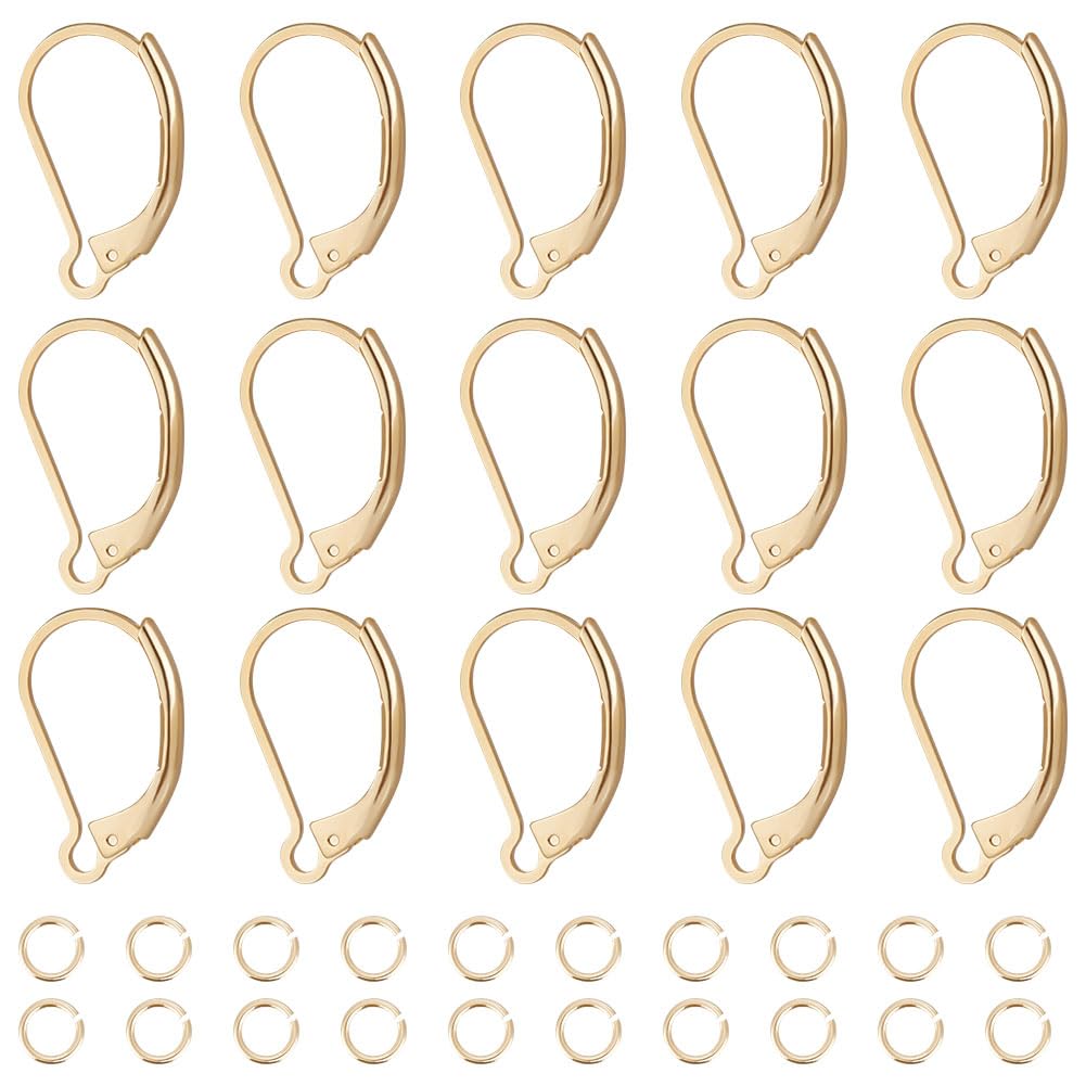 Beebeecraft 1 Box 20Pcs Leverback Earring Findings 24K Gold Plated Clasp Earring Hooks 16.5x10mm French Ear Wire Connector with 20Pcs Open Jump Rings for DIY Jewellery Making