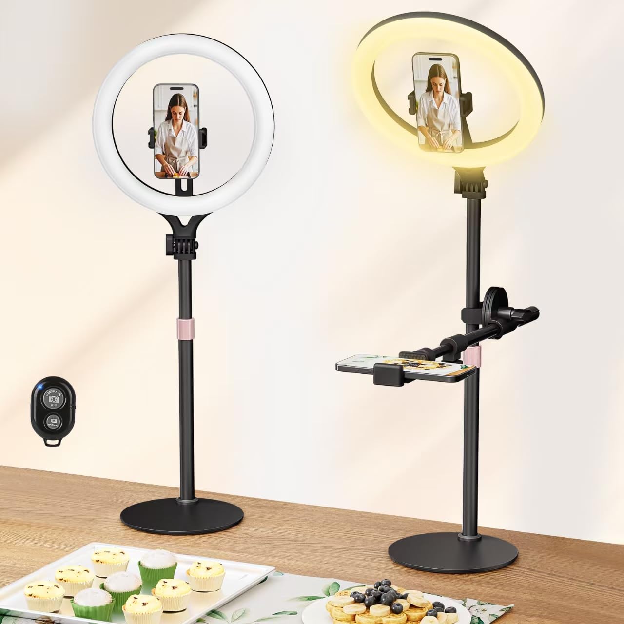 Photo 1 of 11" Desk Ring Light,Wireless Bluetooth Ring Light with Stand & Phone Holder,Overhead Phone Mount for Video Recording,Tripod for Cooking Videos,Webcam Lamp/TikTok/YouTube,Compatible with iPhone Camera