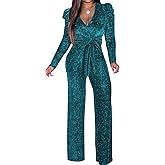 SeNight Women Sparkly Jumpsuits Sexy Long Sleeve Elegant Mock Neck Shiny Straight Long Pants Rompers Club Night Outfits