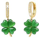 Jean Beau St Patricks Day Green Shamrock Clover Dangle Hoop Earrings for Women, Dainty Gold Plated CZ Rhinestone Lucky Four Leaf Clover Drop Earrings Holiday Outfit Accessories Fashion Jewelry Gift