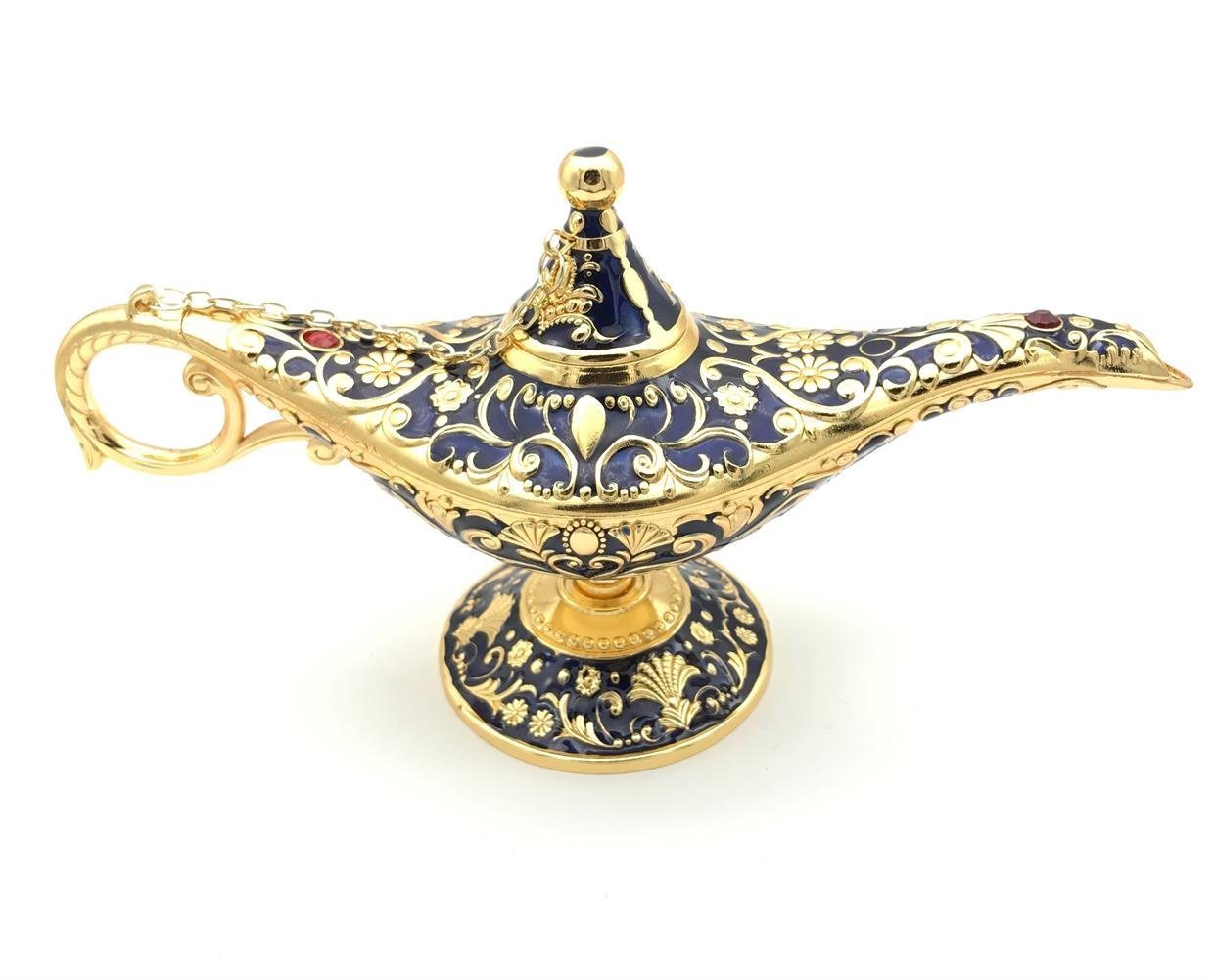 Ziv Luxury Classic Legend Aladdin Magic Genie Light Lamp Pot Classic Silver-Tin Alloy Decoration & Gift (Gold Sapphire Blue)