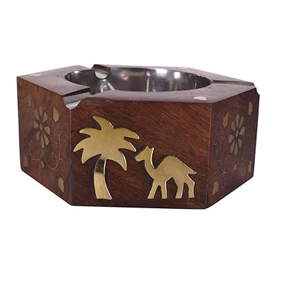 Desi Karigar Wooden Ash Tray Showpiece Brown Color