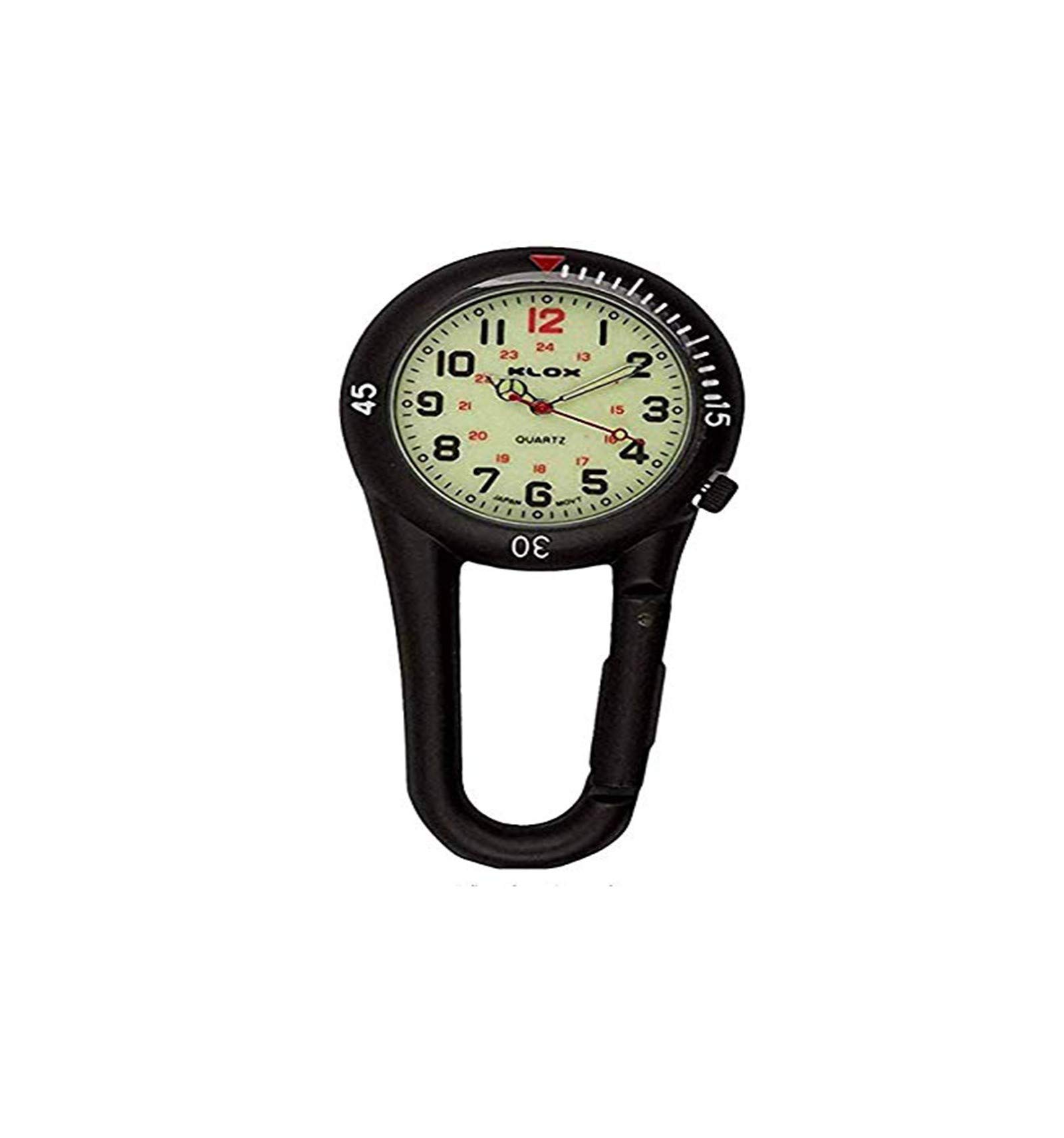 Klox Black Clip On Carabiner Metal Fob Watch Luminous Dial Paramedic Doctor Nurse Unisex Men Women