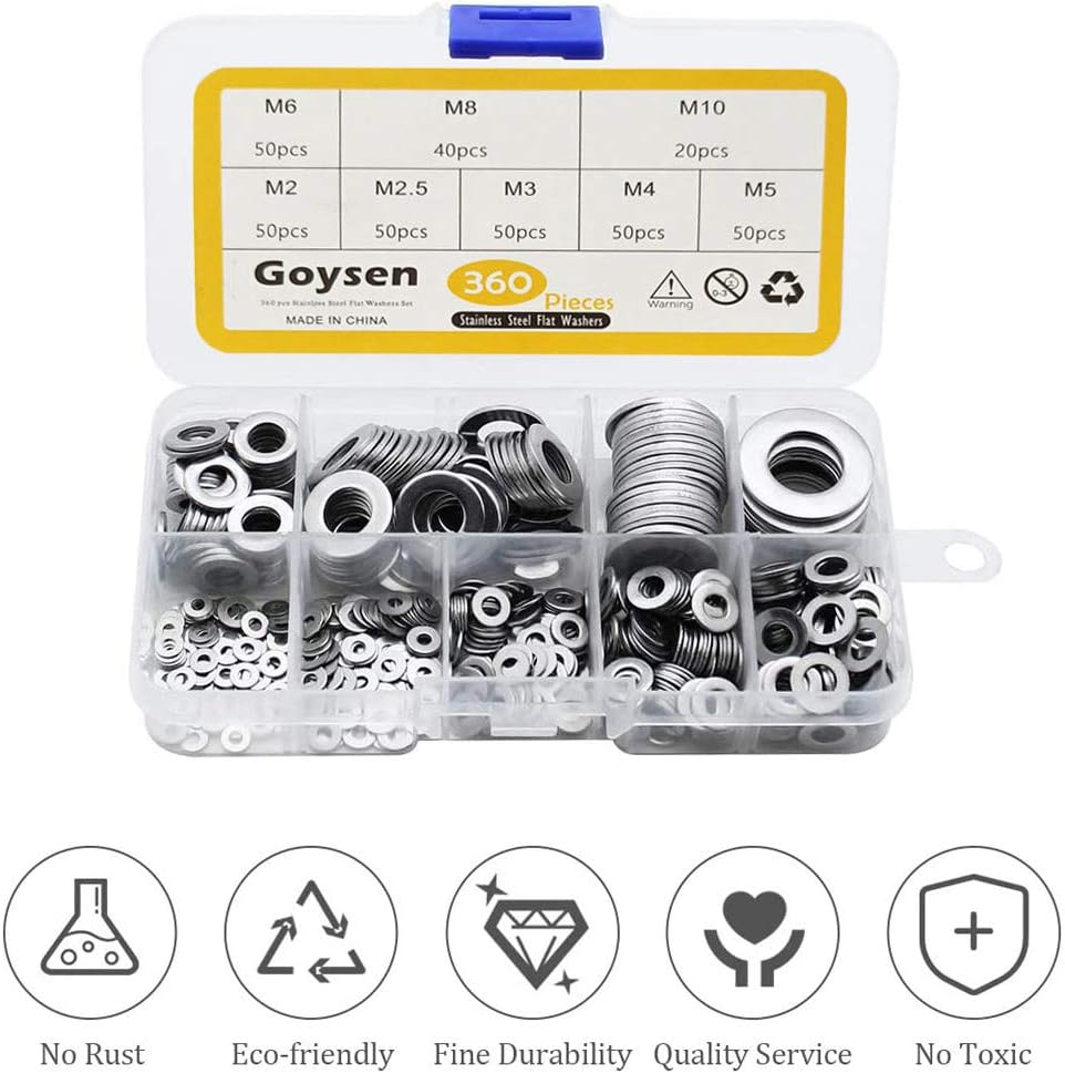 Goysen Stainless Steel Flat Washers, 360PCS Assorted Flat Metal Washers with Plastic Compartment Container - Image 5